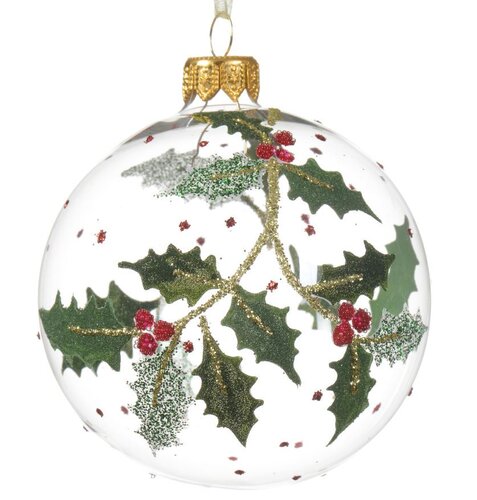 Glass Ball Clear w/Holly 8cm