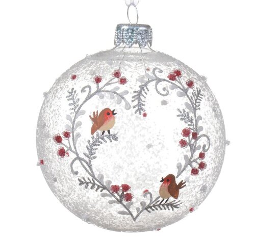 Glass Ball Clear w/Robin & Silver Heart 8cm