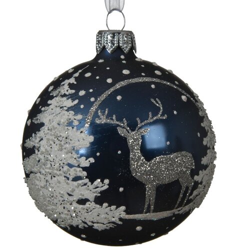 Glass Ball Night Blue w/Silver Tree/Deer 8cm