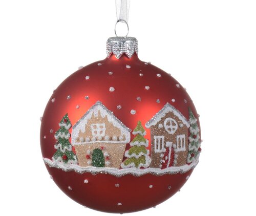 Glass Ball Red w/Gingerbread Houses 8cm