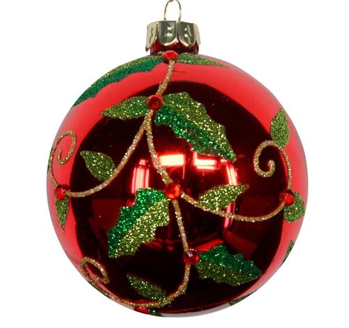 Glass Ball Red w/ Holly 80mm