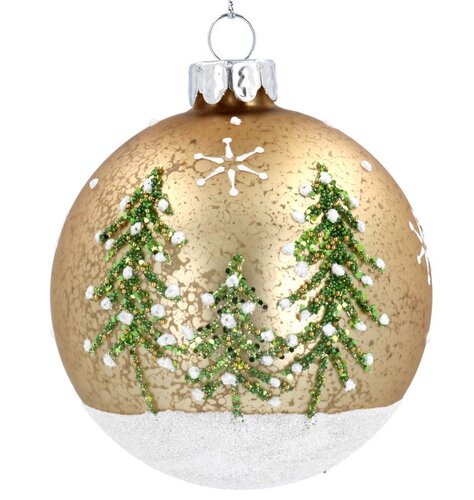 Glass Ball with Tree Mottled Gold/White Sparkling