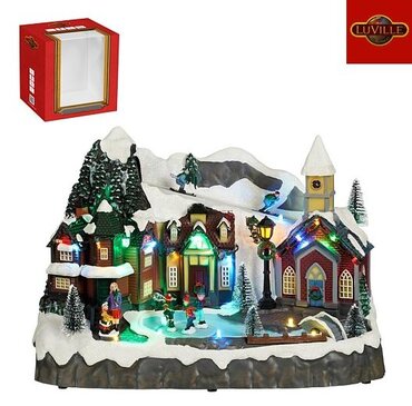 Luville Village Scene with church & skiers. Battery Operated 24cm