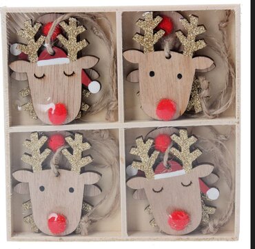 Tree Dec Box Wood Reindeer Head w/ Red Nose